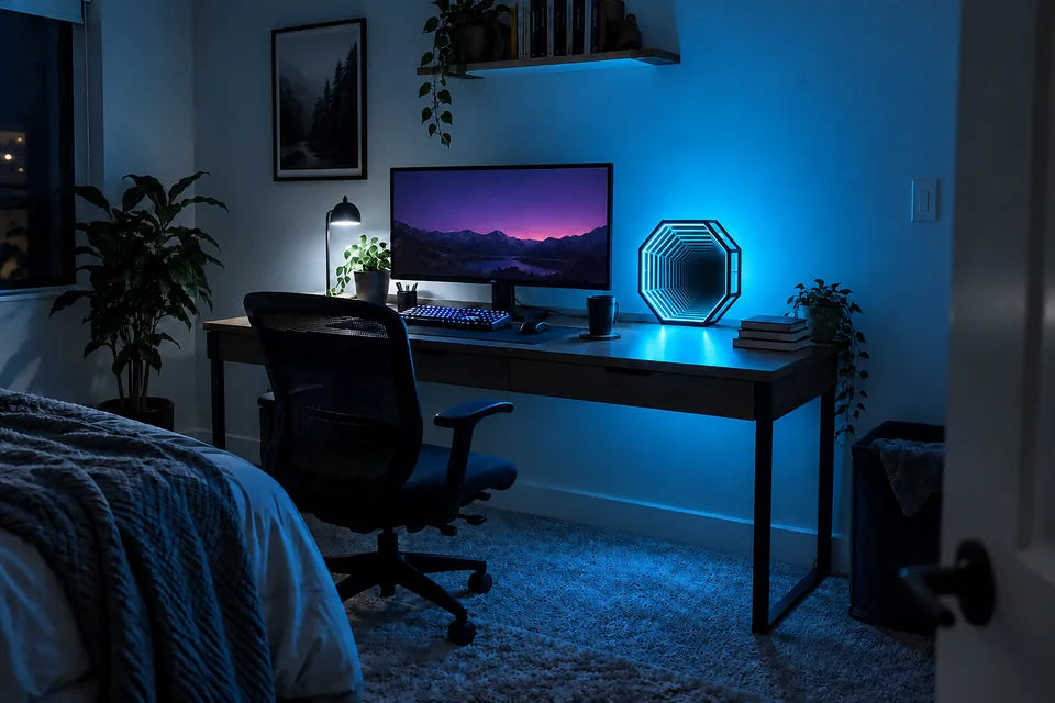 An 11.8-inch Infinity OctaMirror glowing blue on a desk beside a monitor in a bedroom at night