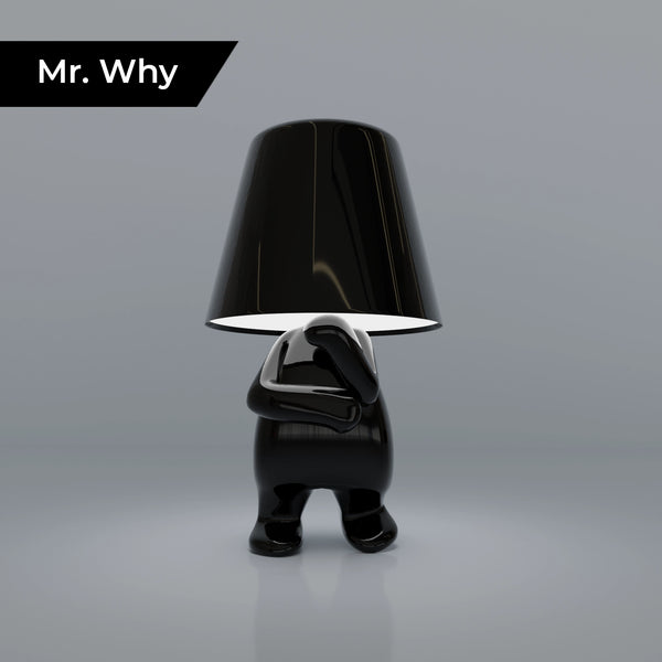 Black thinker lamp labeled Mr. Why standing with hand to face