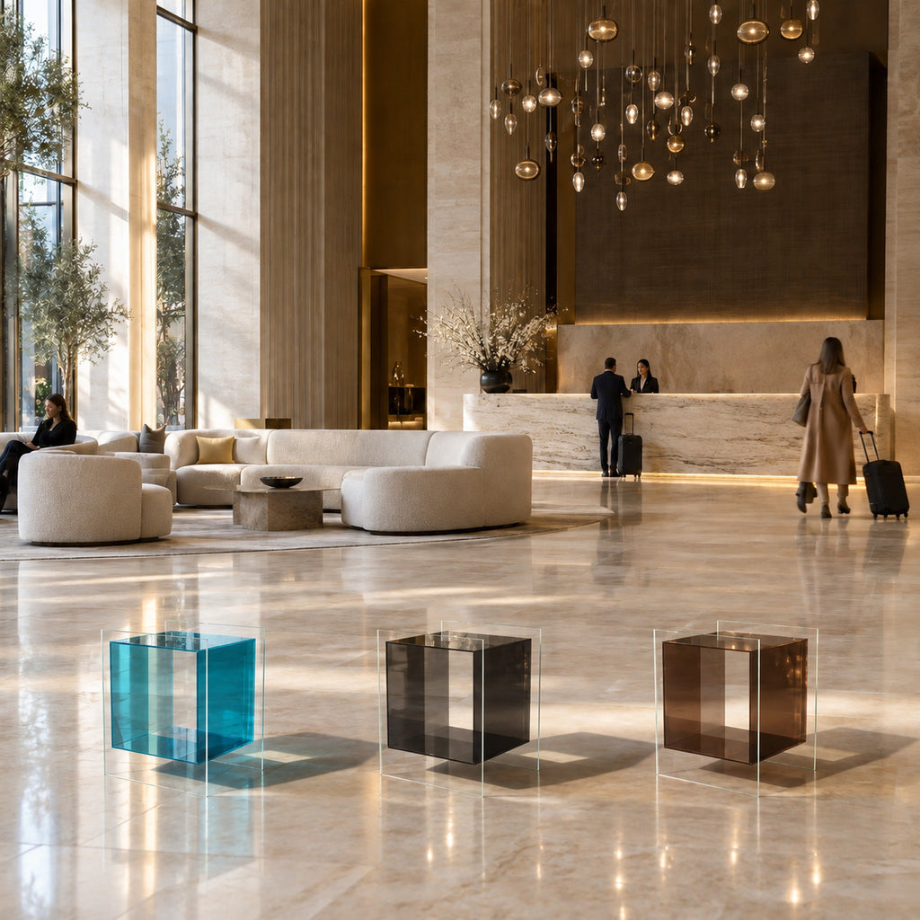 Carter Side Tables in Turquoise Blue, Cool Black and Coffee Brown in a hotel lobby