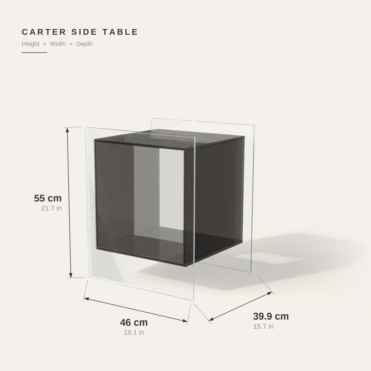 Carter Side Table dimensions: 55 cm high, 46 cm wide, 39.9 cm deep