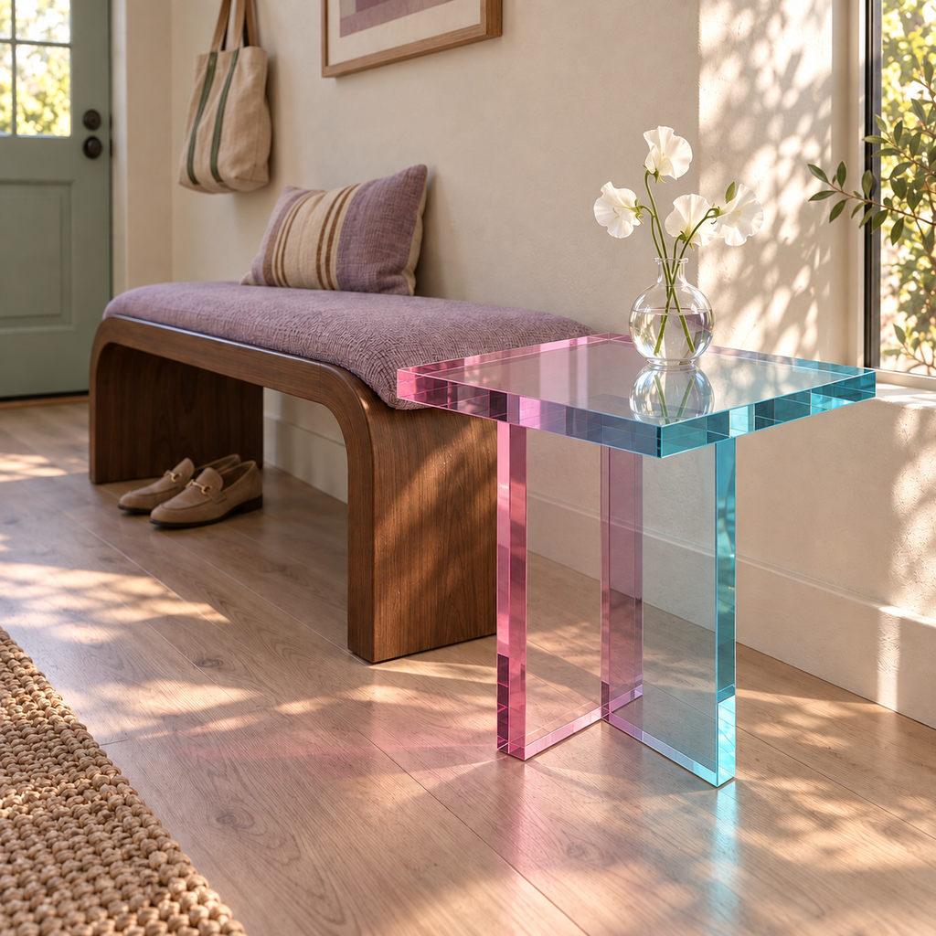 Ella End Table in Cotton Candy beside a lavender bench in a sunlit entryway