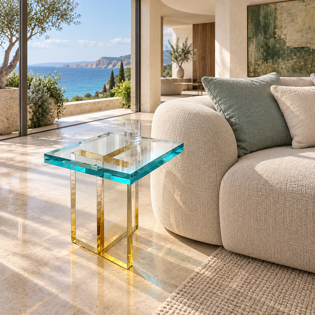 Ella End Table in Soft Teal, in a coastal interior