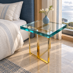 Ella End Table in Soft Teal, beside a bed