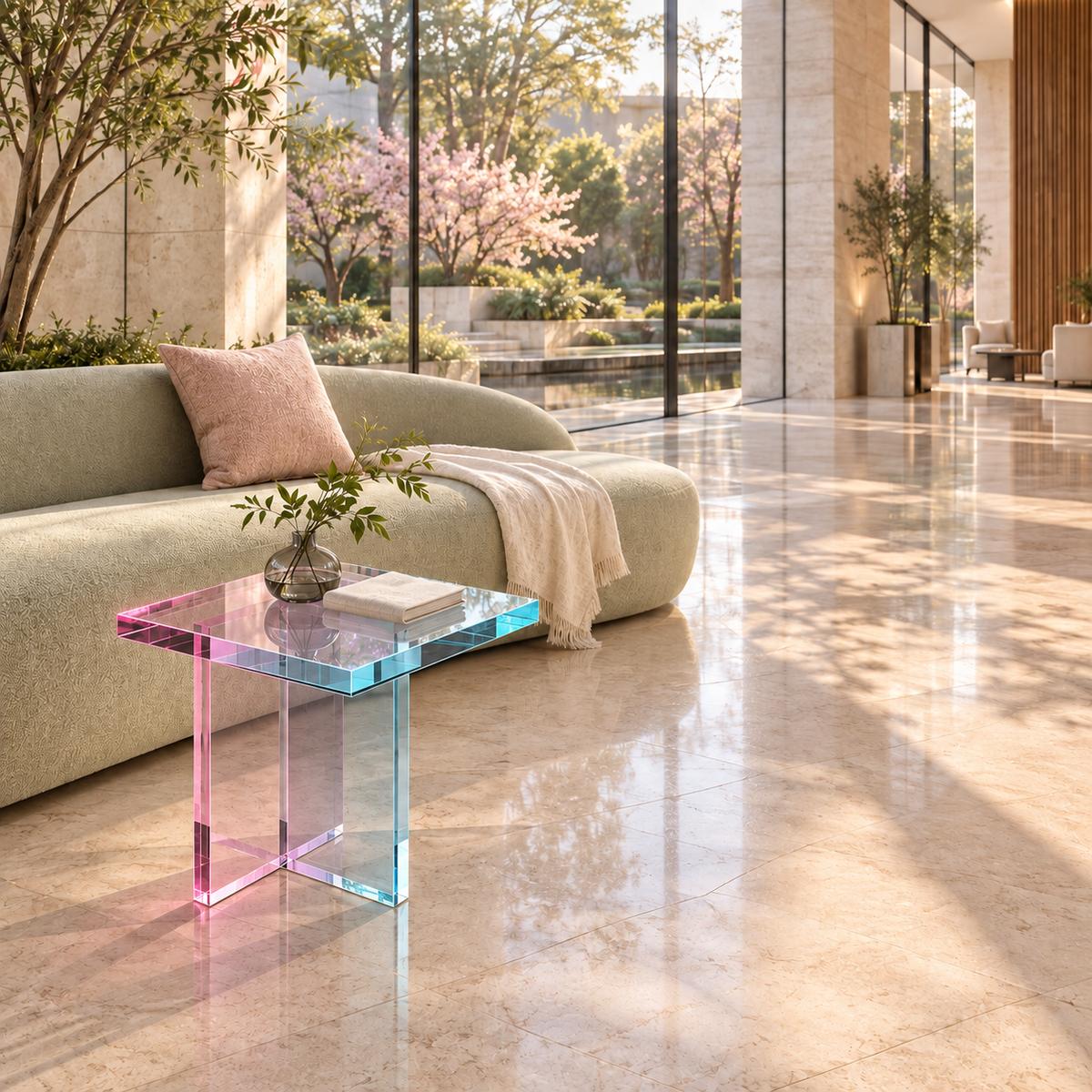 Ella End Table in Cotton Candy, in an atrium