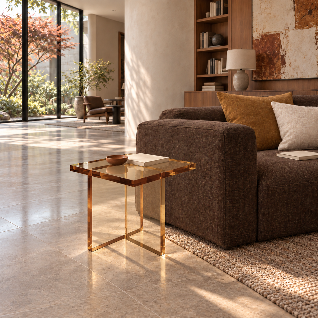 Ella End Table in Golden Wine, in a library
