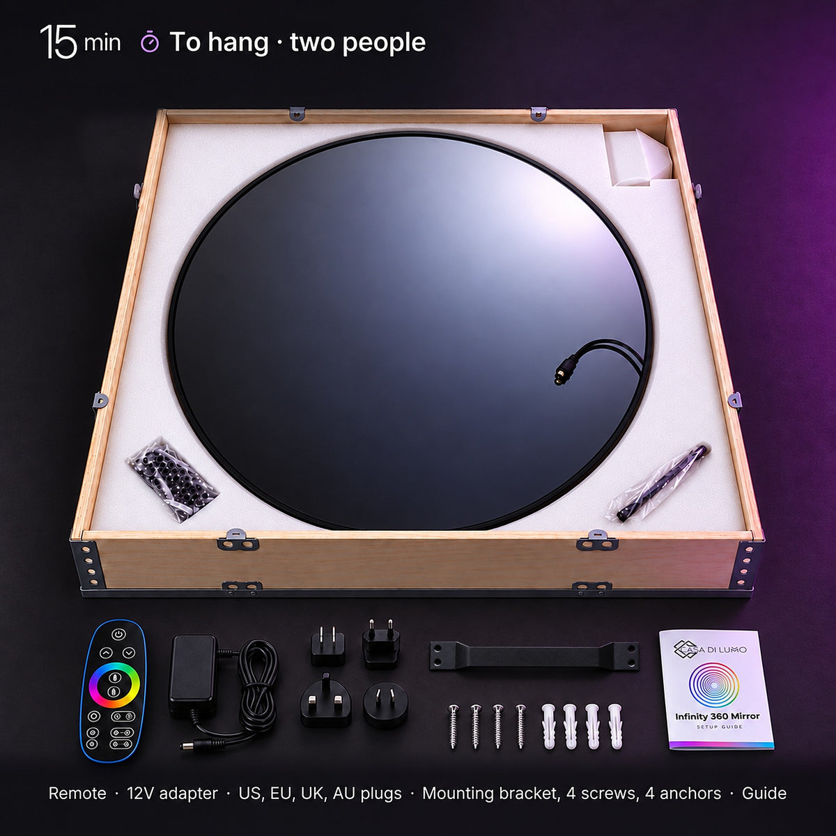 The Infinity 360 Mirror in its wooden crate with the remote, 12V adapter, US, EU, UK and AU plugs, mounting bracket, 4 screws, 4 anchors and the Casa Di Lumo setup guide