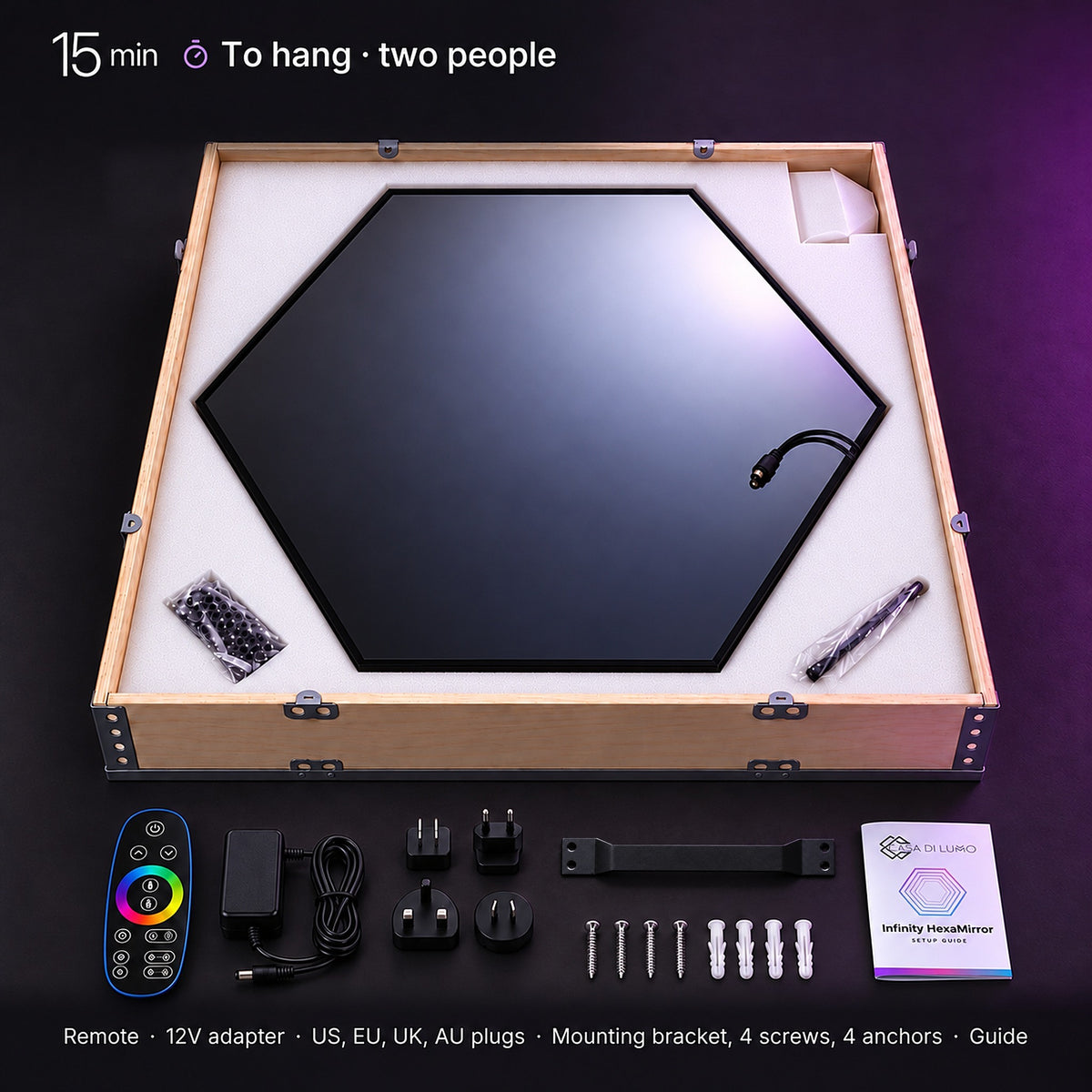The Infinity HexaMirror in its wooden crate with the remote, 12V adapter, US, EU, UK and AU plugs, mounting bracket, 4 screws, 4 anchors and the Casa Di Lumo setup guide
