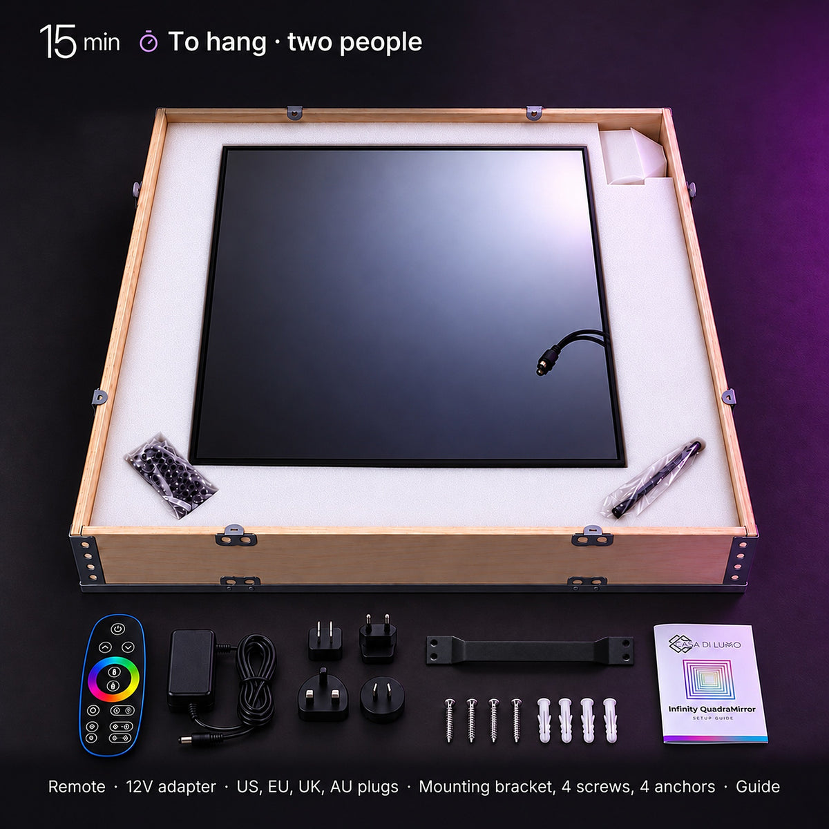The Infinity QuadraMirror in its wooden crate with the remote, 12V adapter, US, EU, UK and AU plugs, mounting bracket, 4 screws, 4 anchors and the Casa Di Lumo setup guide