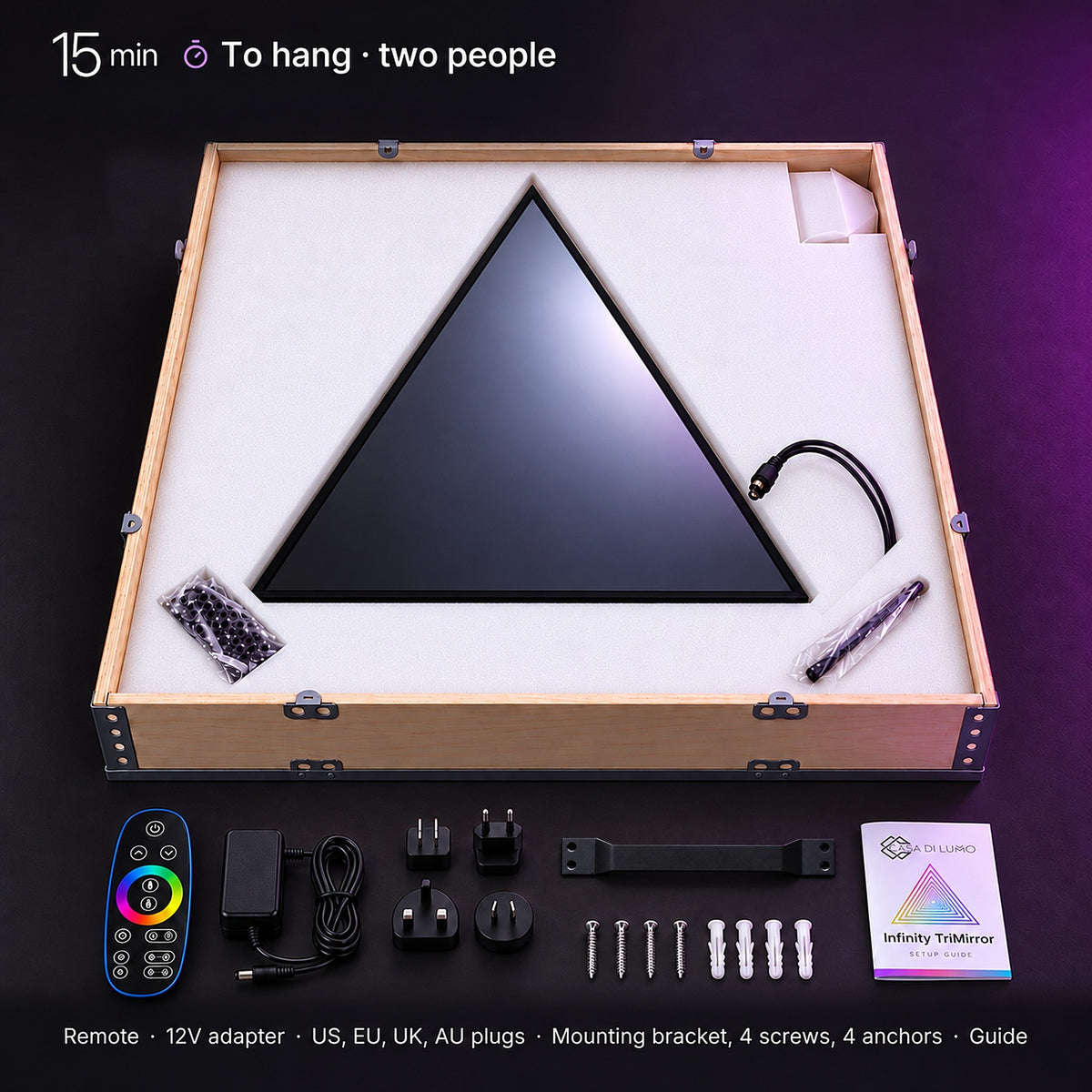 The Infinity TriMirror in its wooden crate with the remote, 12V adapter, US, EU, UK and AU plugs, mounting bracket, 4 screws, 4 anchors and the Casa Di Lumo setup guide