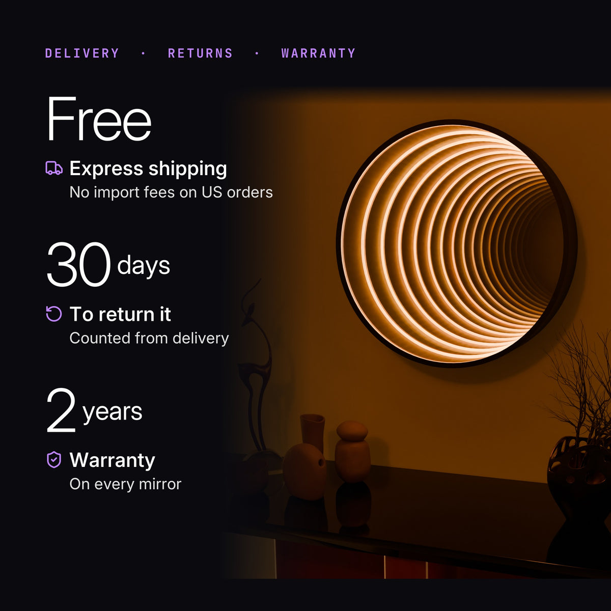 360-Mirror: Free express shipping, 30-day returns and 2-year warranty