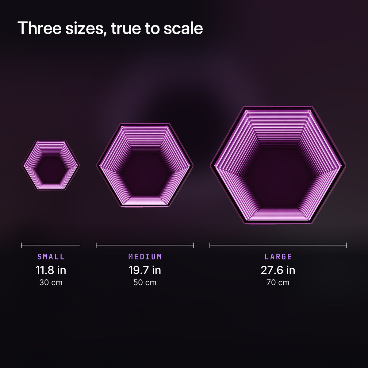 Hexamirror: Three actual sizes shown to scale