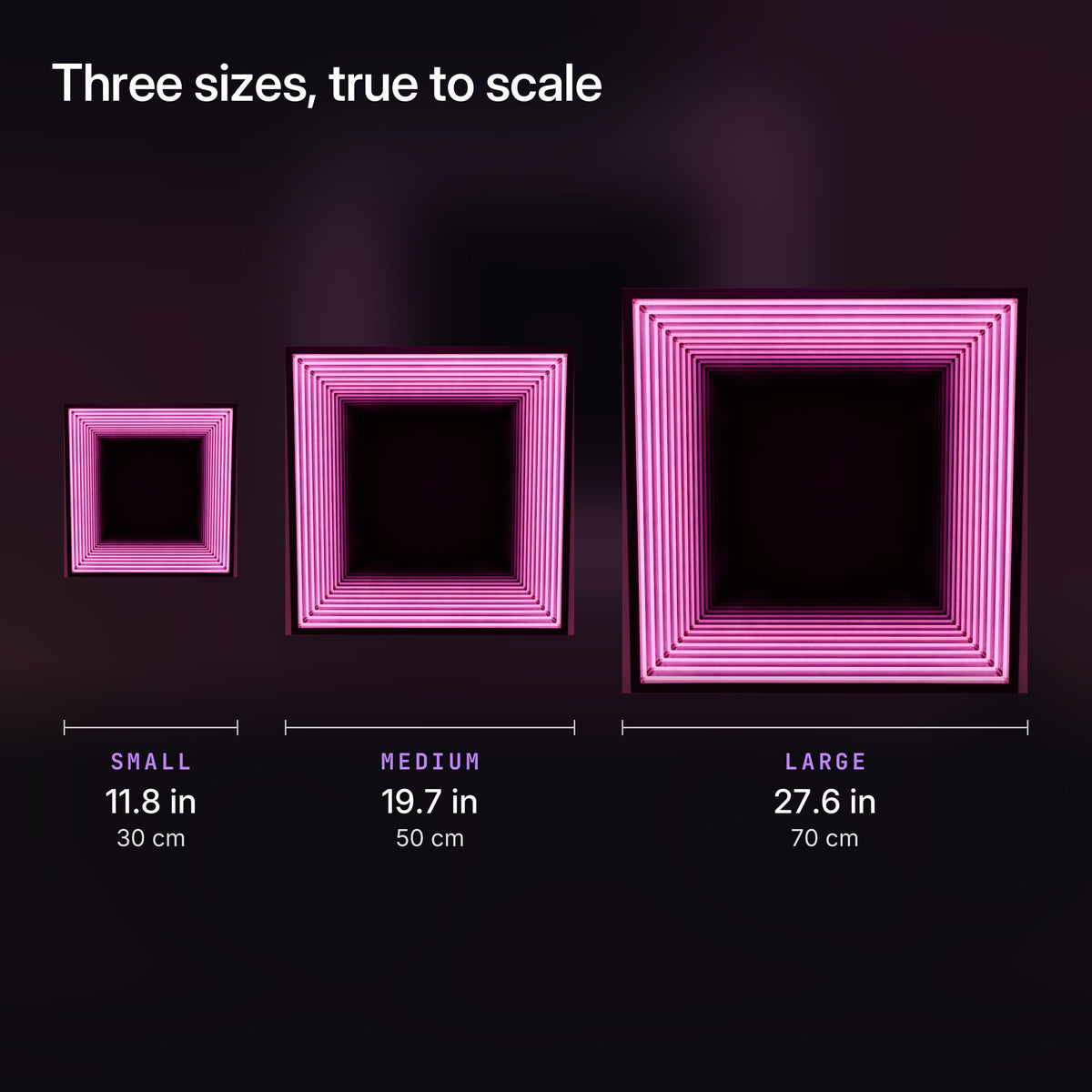 Quadramirror: Three actual sizes shown to scale