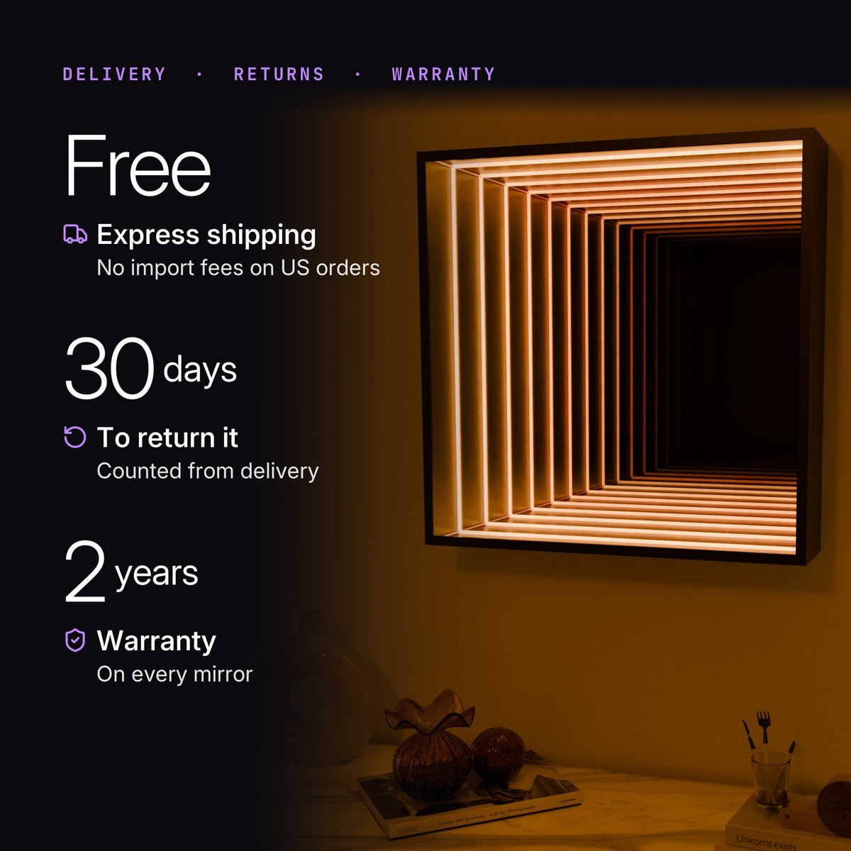 Quadramirror: Free express shipping, 30-day returns and 2-year warranty