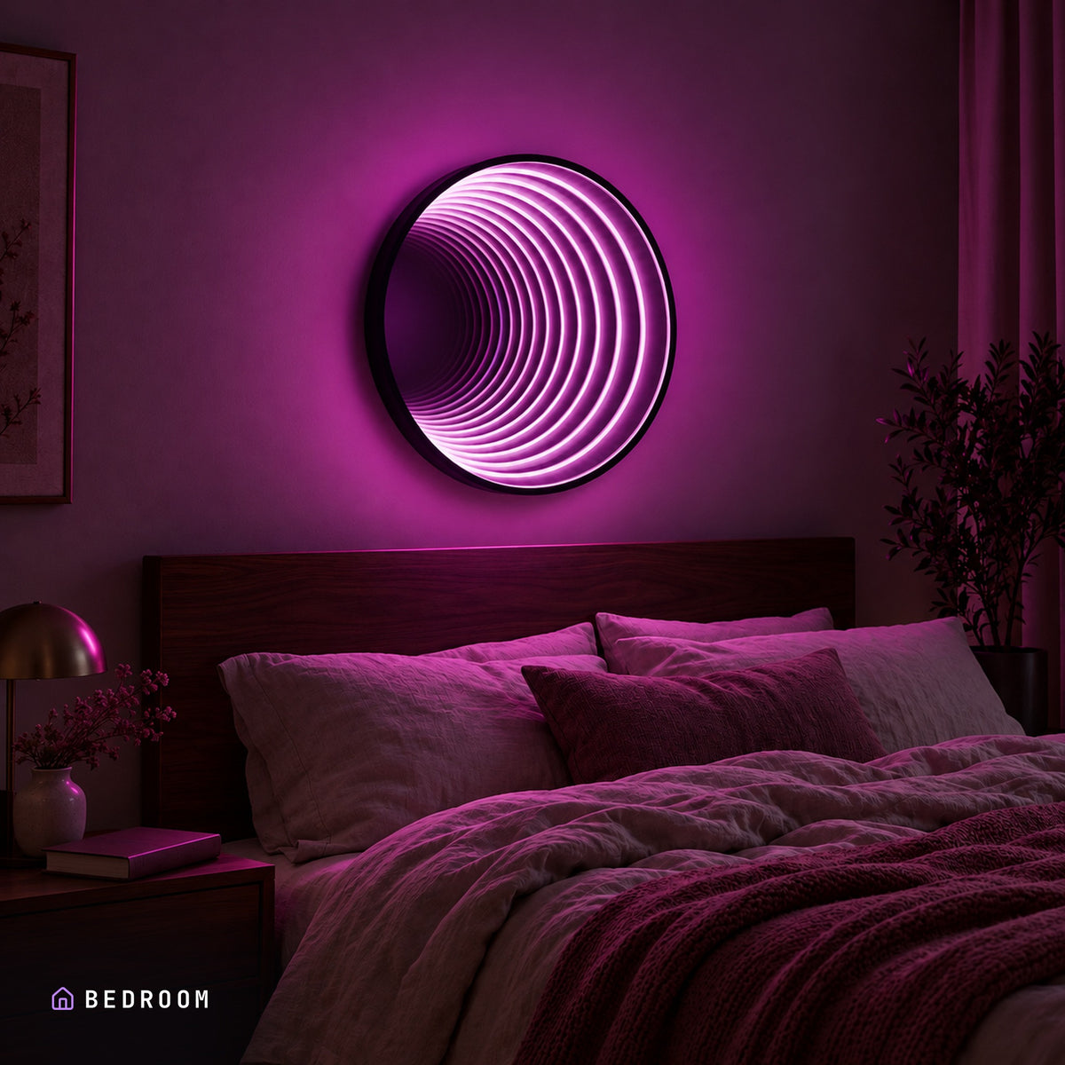 Infinity 360 Mirror lit in a bedroom at night, its colour washing the wall and bedding