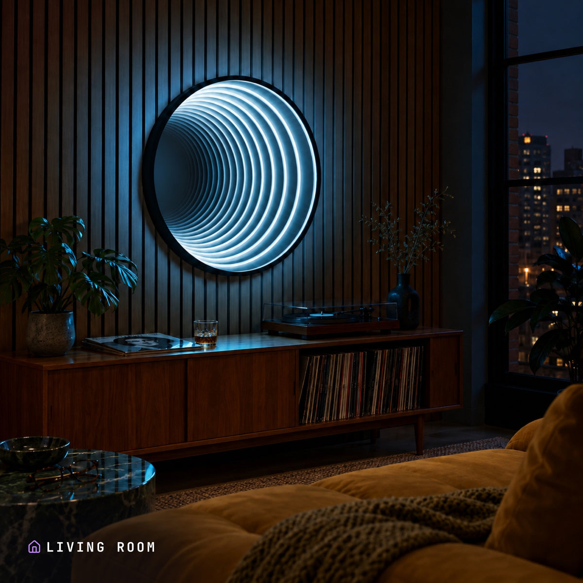 Infinity 360 Mirror lit in a living room at night, its colour spilling across the furniture