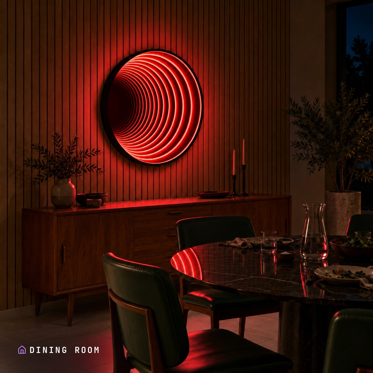 Infinity 360 Mirror lit in a dining room at night, its light reflecting off the table