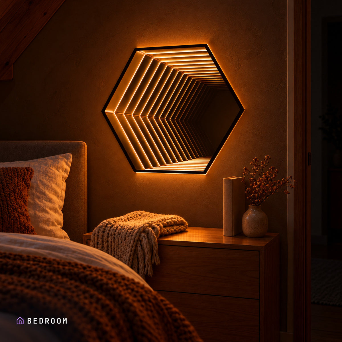 Infinity HexaMirror lit in a bedroom at night, its colour washing the wall and bedding