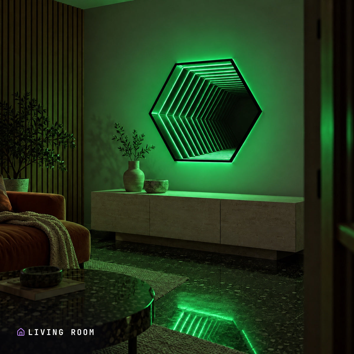 Infinity HexaMirror lit in a living room at night, its colour spilling across the furniture