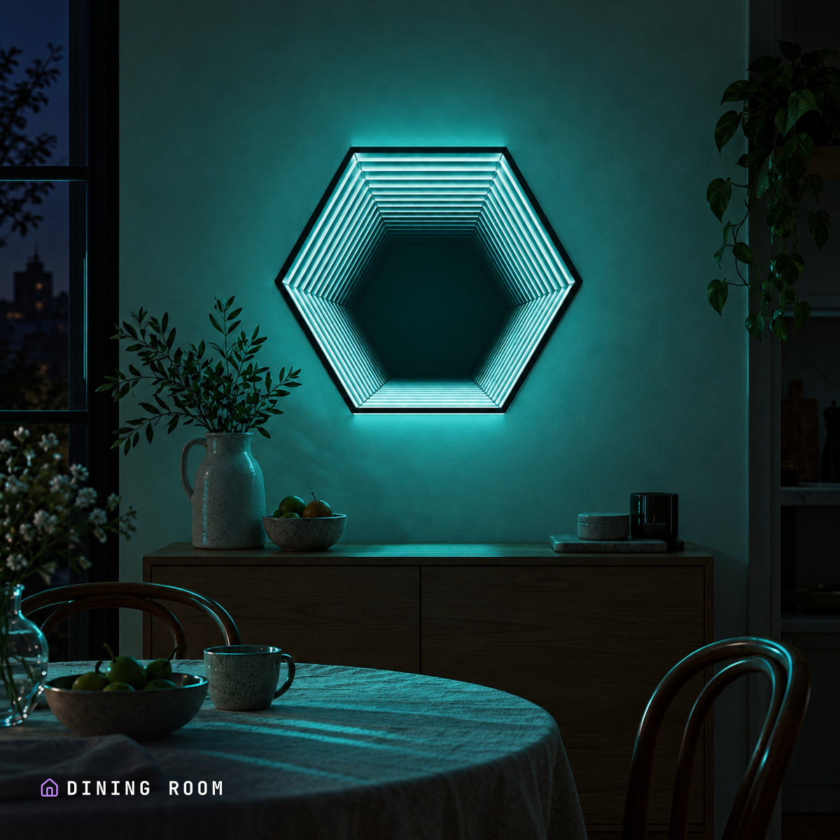 Infinity HexaMirror lit in a dining room at night, its light reflecting off the table