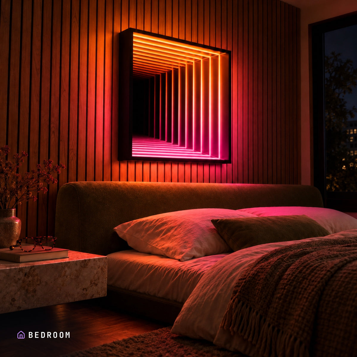 Infinity QuadraMirror lit in a bedroom at night, its colour washing the wall and bedding