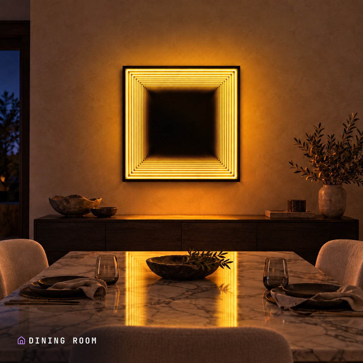 Infinity QuadraMirror lit in a dining room at night, its light reflecting off the table