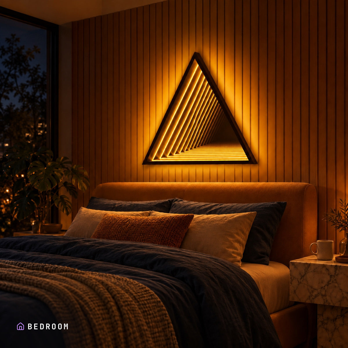 Infinity TriMirror lit in a bedroom at night, its colour washing the wall and bedding