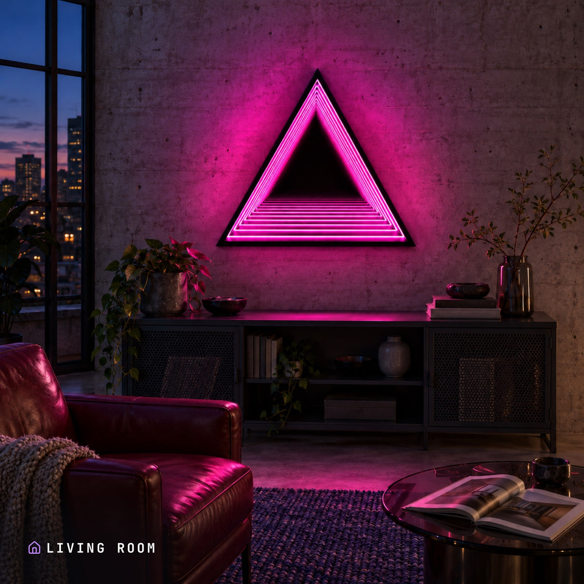 Infinity TriMirror lit in a living room at night, its colour spilling across the furniture