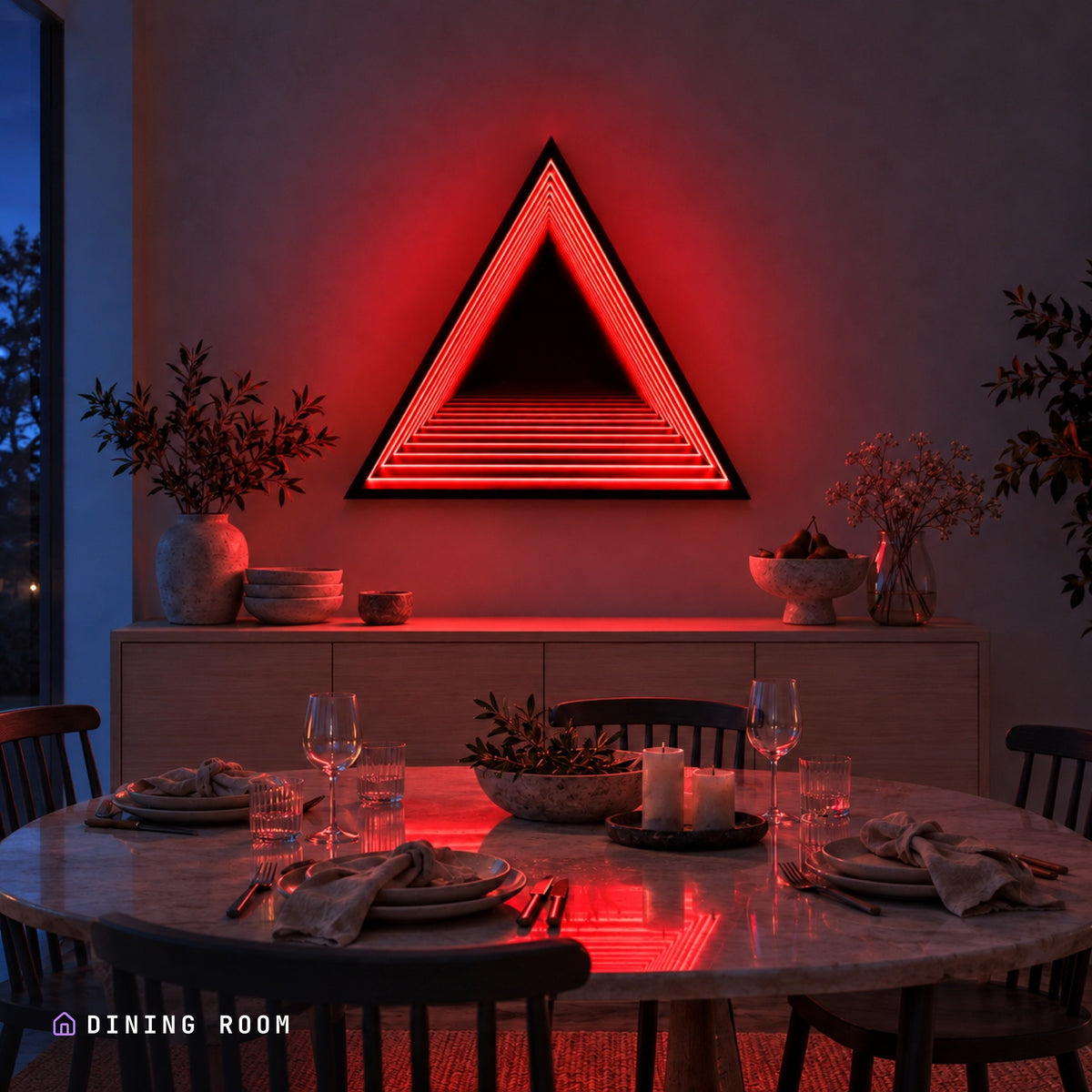 Infinity TriMirror lit in a dining room at night, its light reflecting off the table