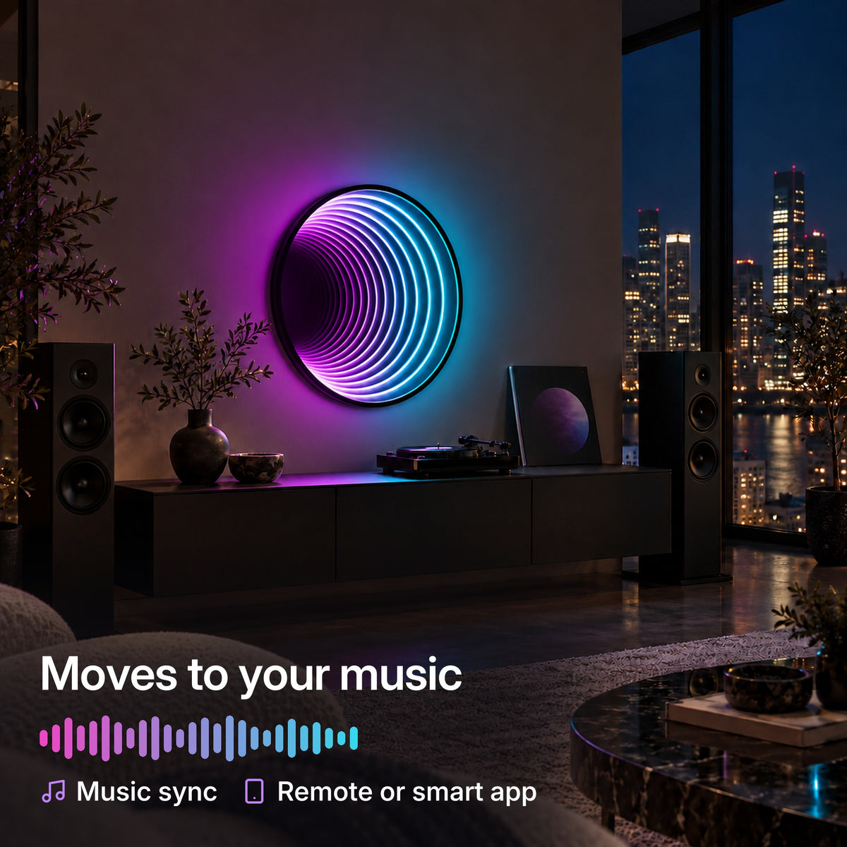 360 Mirror lit violet to cyan above a turntable between tall speakers, moving to music