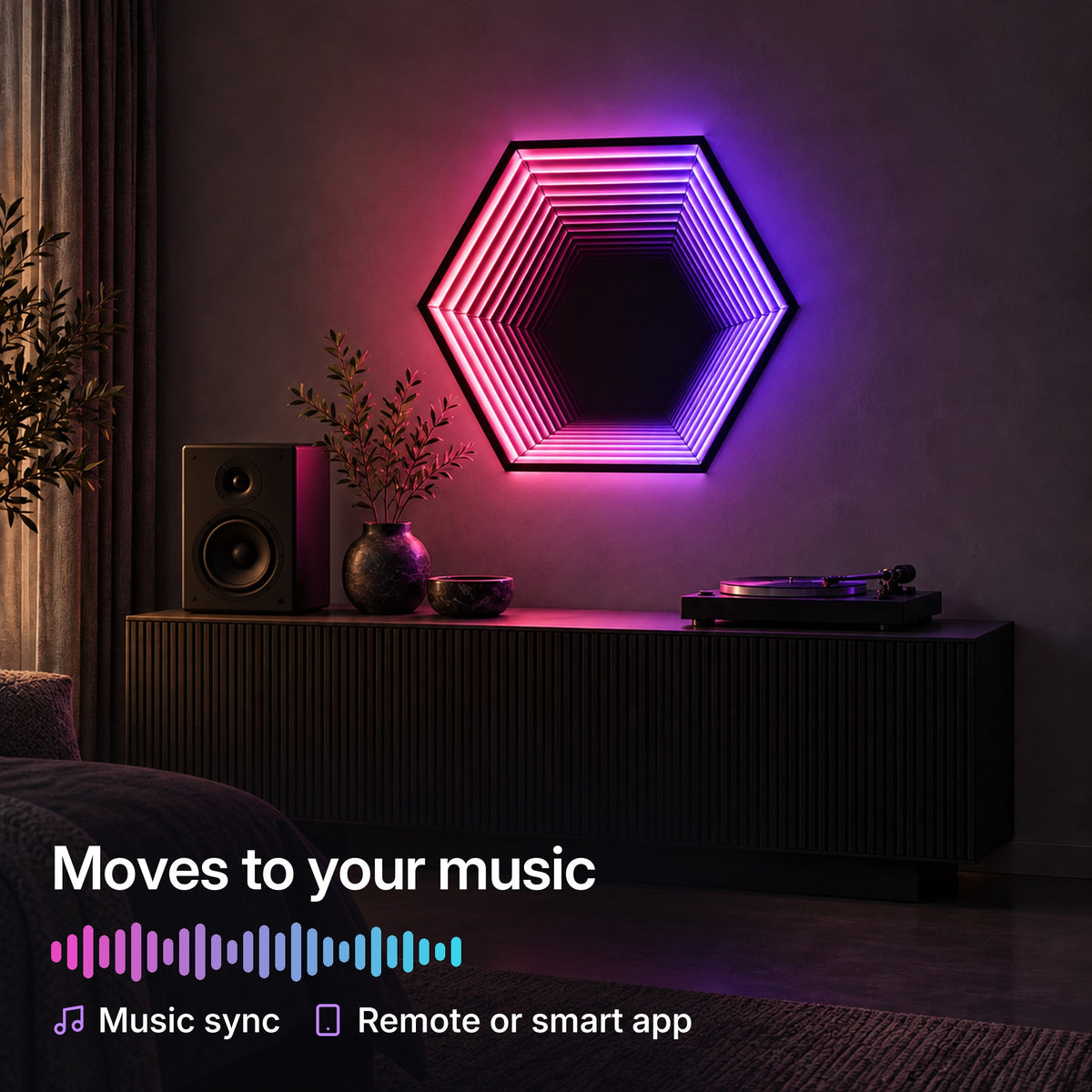 HexaMirror lit pink and violet above a turntable and speaker, moving to music