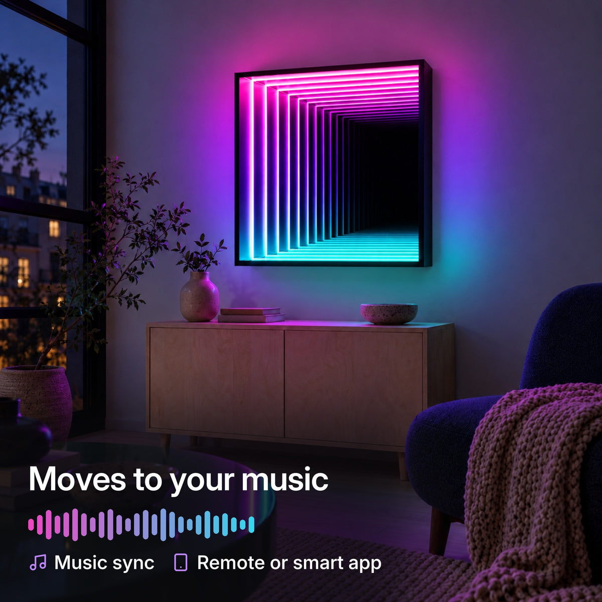 QuadraMirror lit magenta to teal above a sideboard, moving to music