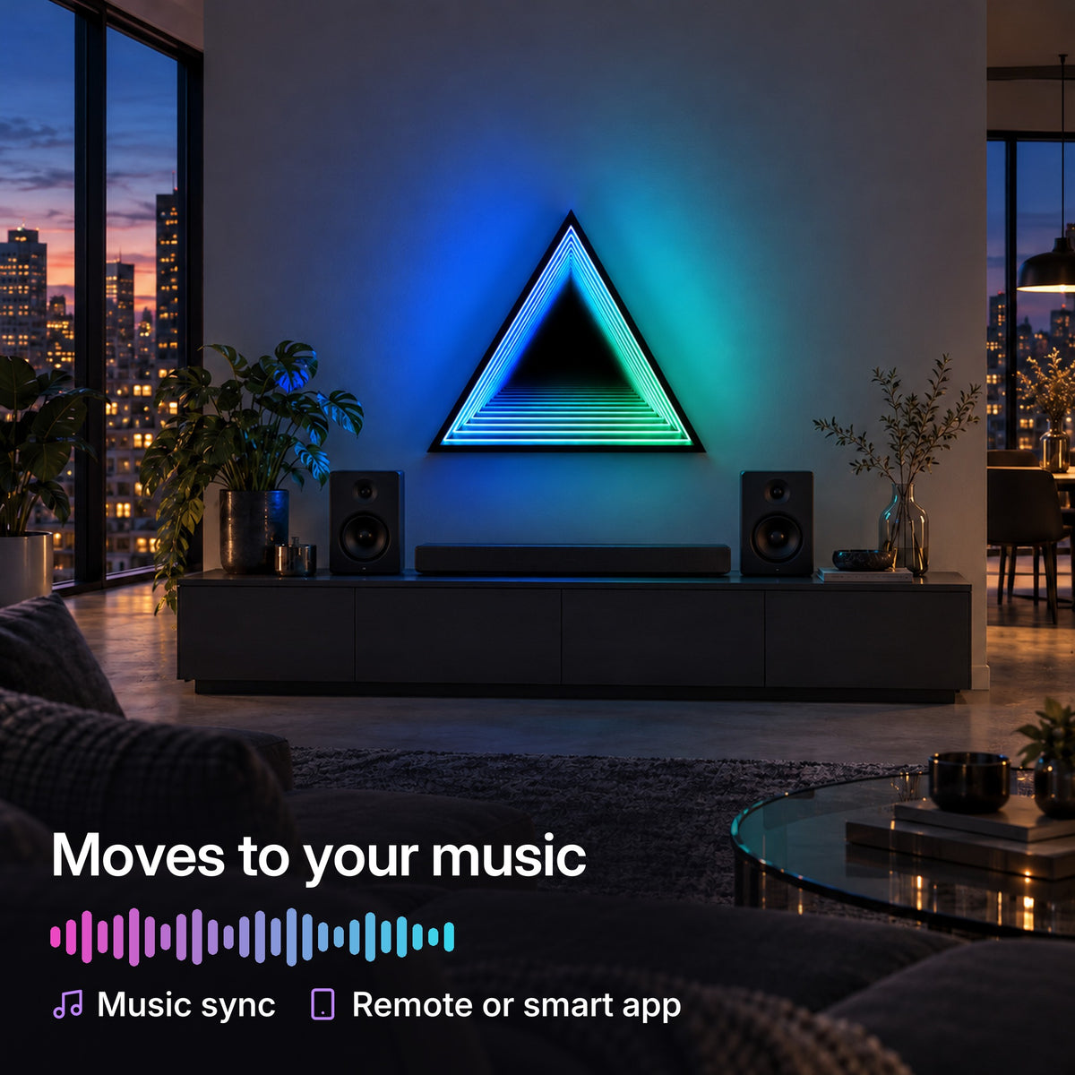 TriMirror lit blue to green between two speakers in a city living room, moving to music