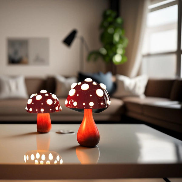 Two red spotted mushroom lamps with wooden bases on a coffee table