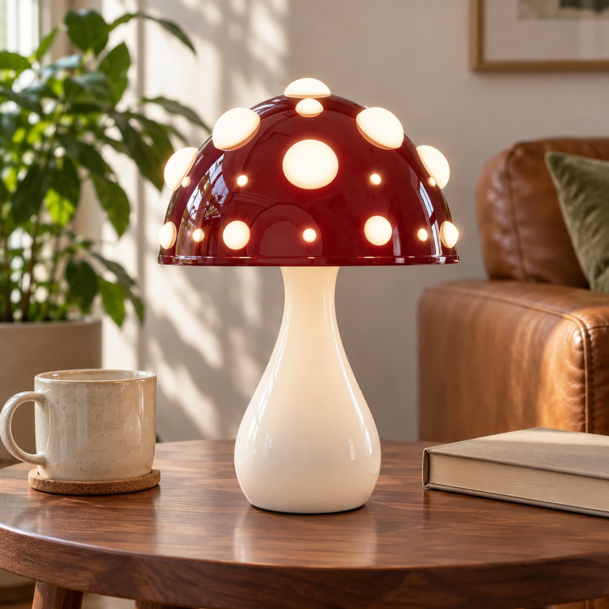 Large red mushroom lamp with white spots close up by a sunny window