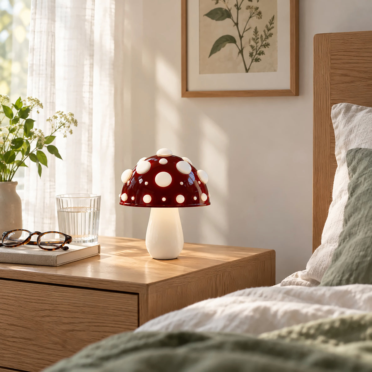 Small red mushroom lamp with white spots on a nightstand on a bright morning
