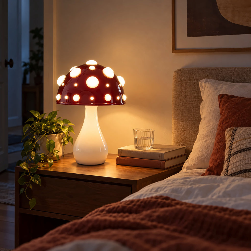 Large red mushroom lamp with white spots glowing as the only light beside a bed at night