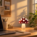 Small red mushroom lamp with white spots on a home-office desk in late sun