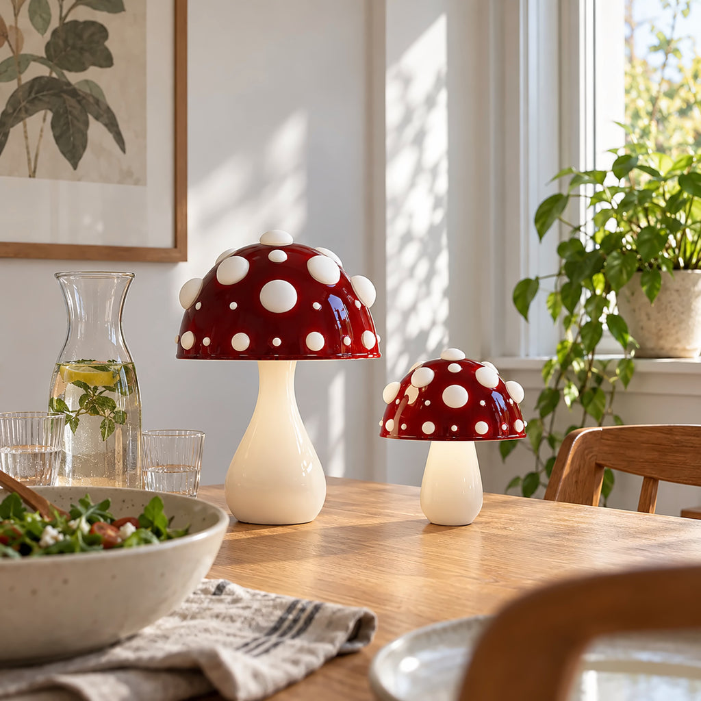 Two red mushroom lamps with white spots on a dining table at lunchtime