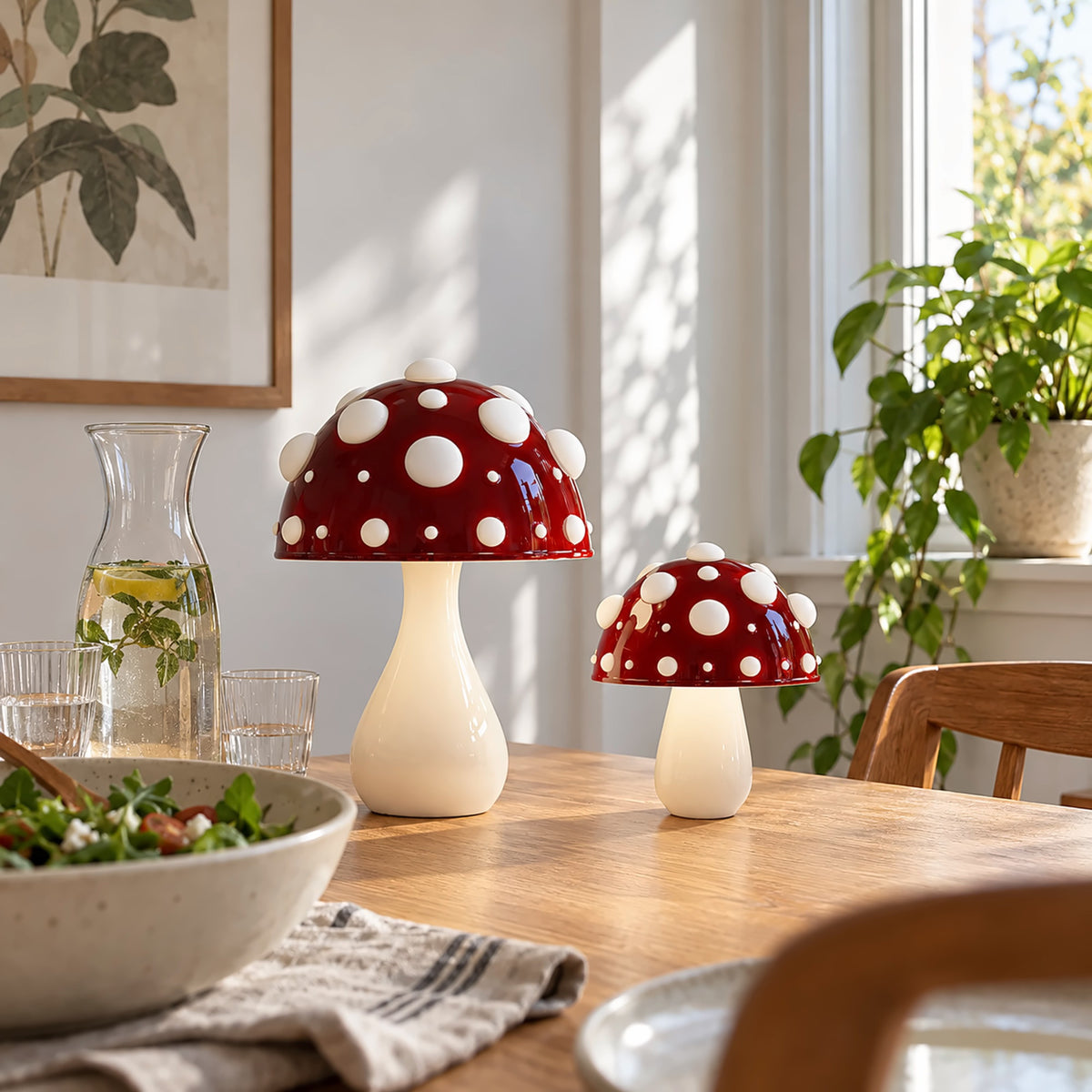 Two red mushroom lamps with white spots on a dining table at lunchtime