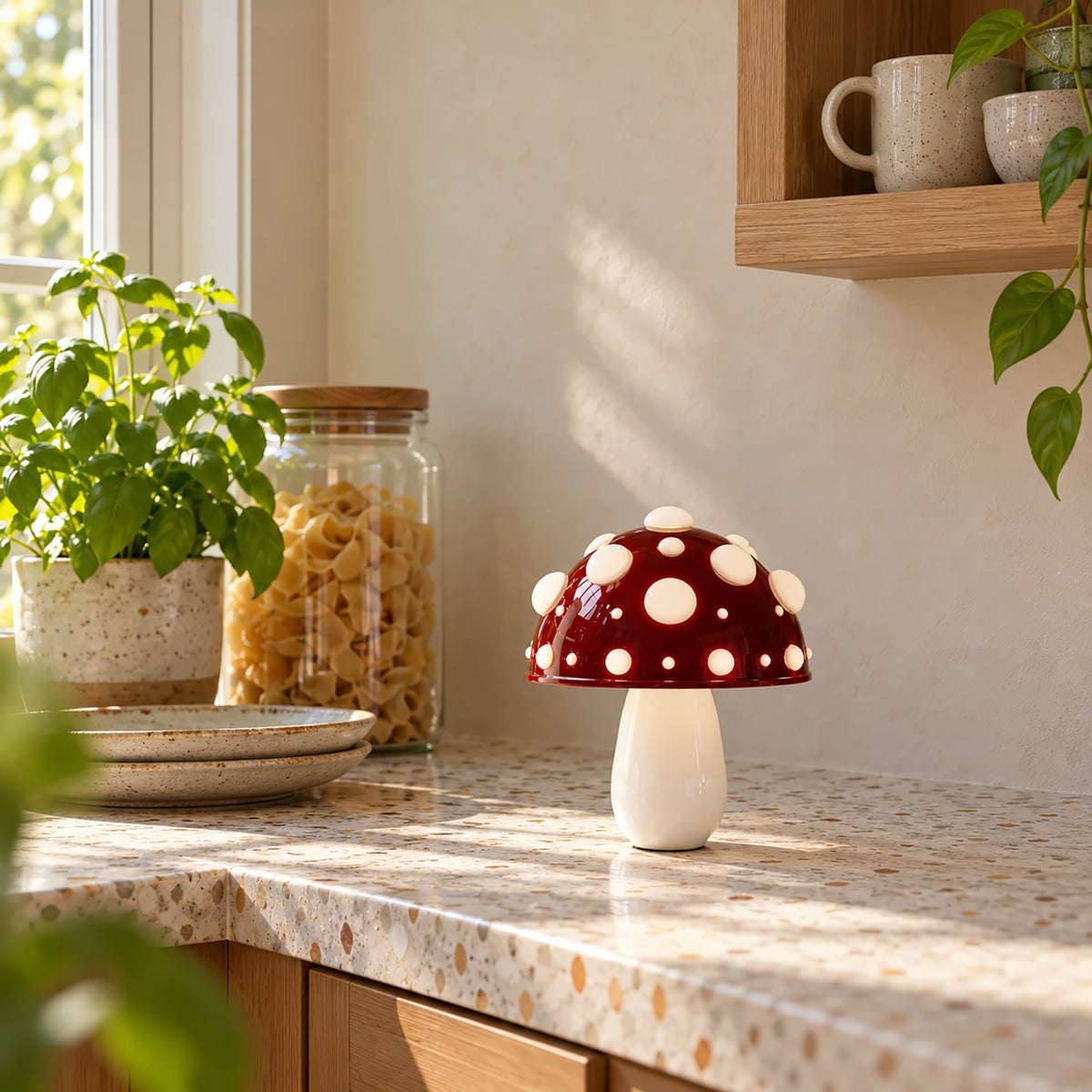 Small red mushroom lamp with white spots on a terrazzo kitchen counter