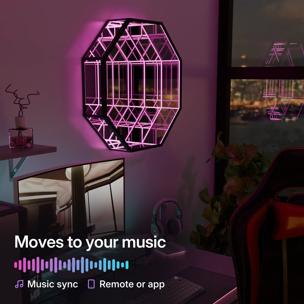 OctaMirror lit pink above a gaming desk, moving to music