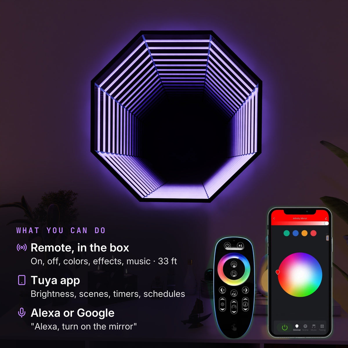 What the remote, the Tuya app and voice control, in front of the mirror lit purple