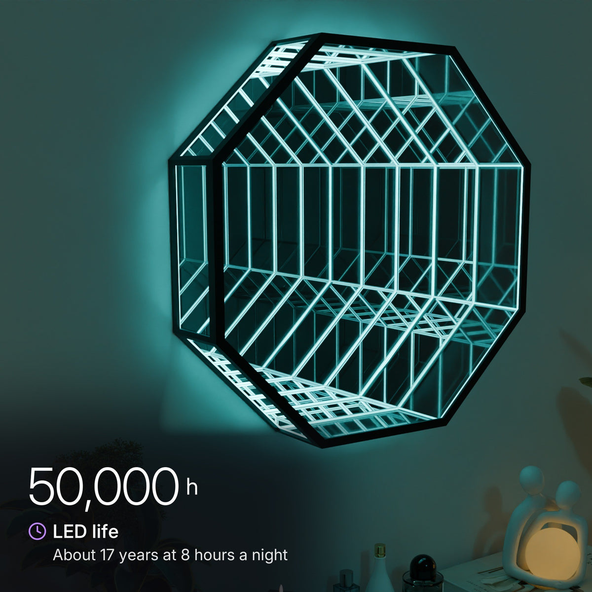 Side view lit cyan, light glowing through the clear sides; 50,000-hour LED life