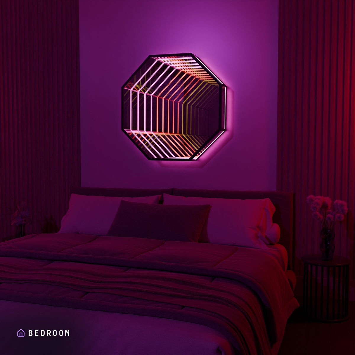 OctaMirror lit pink above a bed