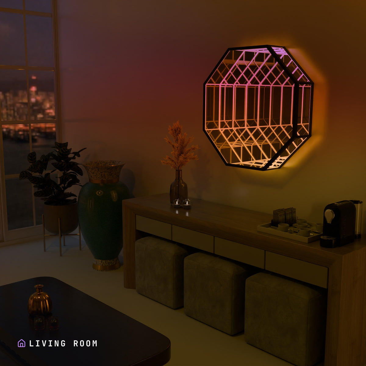 OctaMirror lit warm orange above a console in a living room
