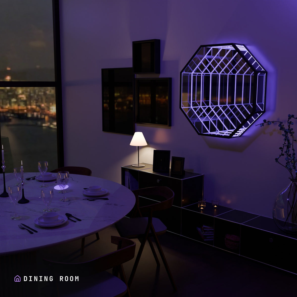 OctaMirror lit blue beside a dining table with a city view