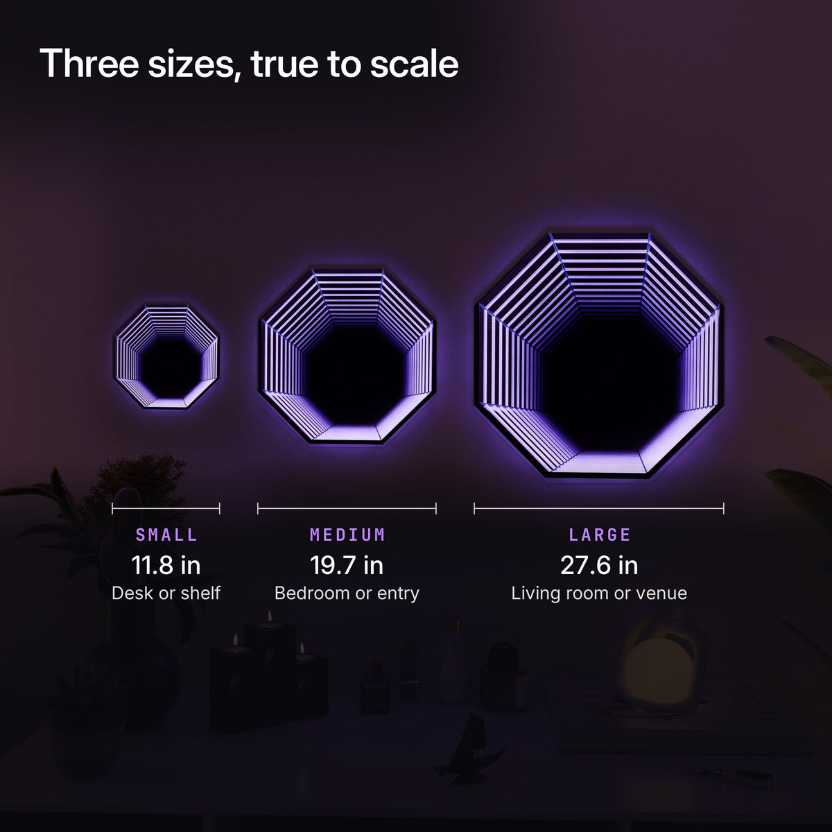 Three sizes to scale: Small 11.8 in, Medium 19.7 in, Large 27.6 in
