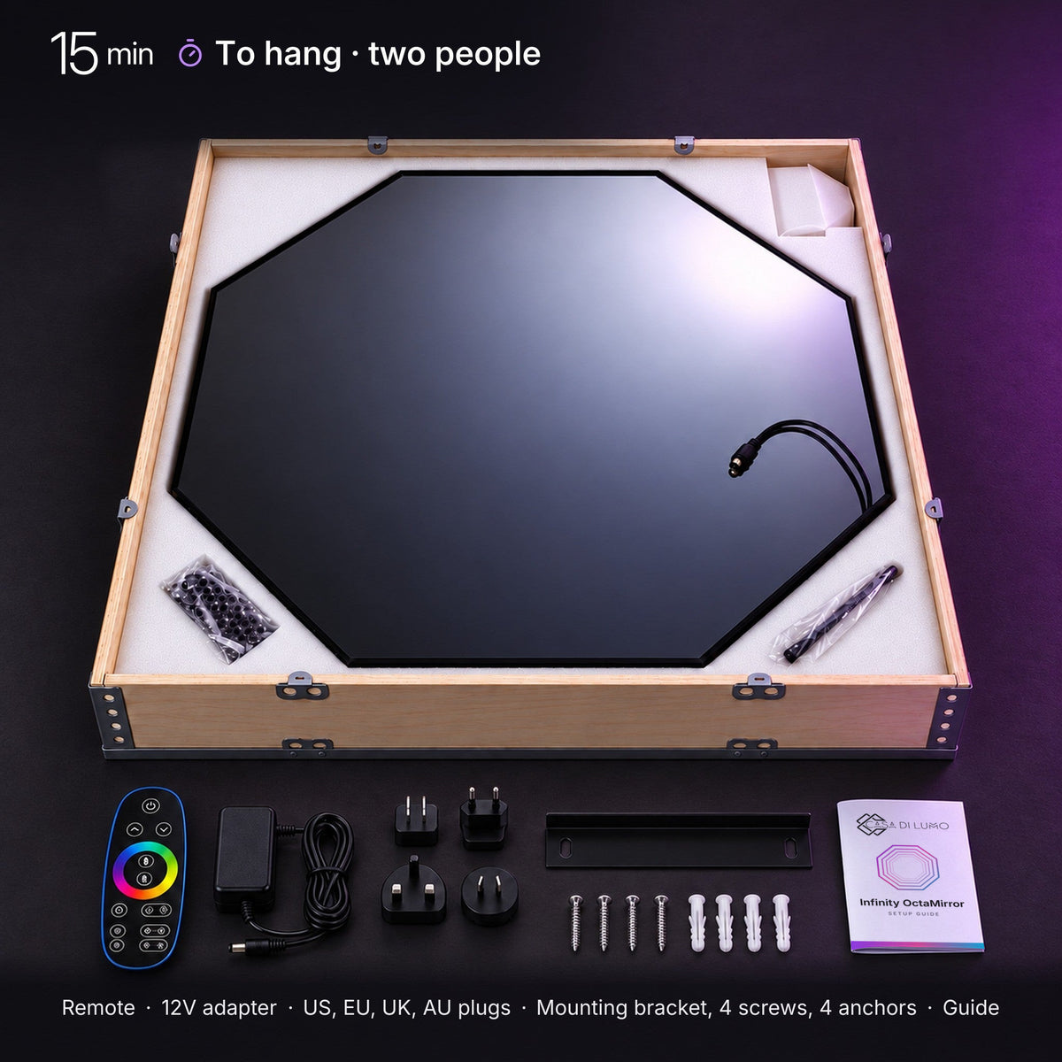 The mirror in its wooden crate with the remote, 12V adapter, US, EU, UK and AU plugs, mounting bracket, 4 screws, 4 anchors and the Casa Di Lumo setup guide