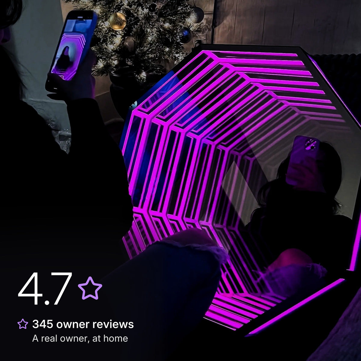 A real owner filming their lit OctaMirror at home; rated 4.7 from 345 owner reviews