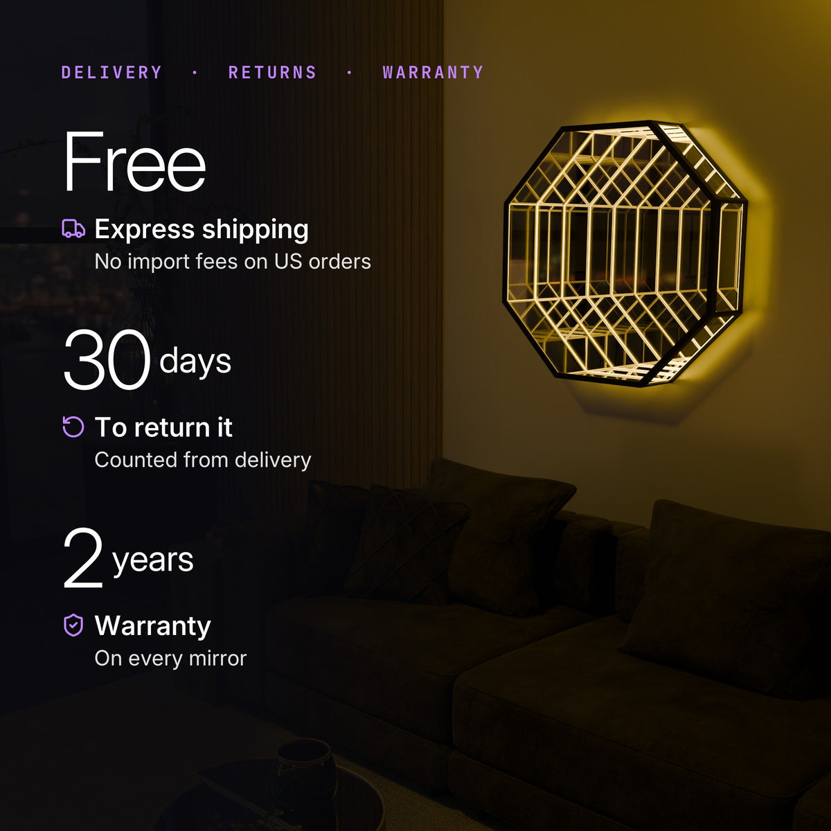 Free express shipping, 30 days to return, 2-year warranty, beside the lit mirror